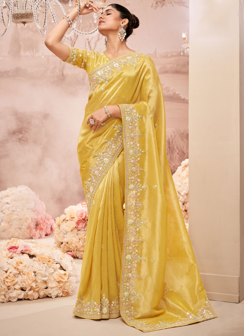 Mesmerizing Organza Yellow Embroidered Contemporary Saree