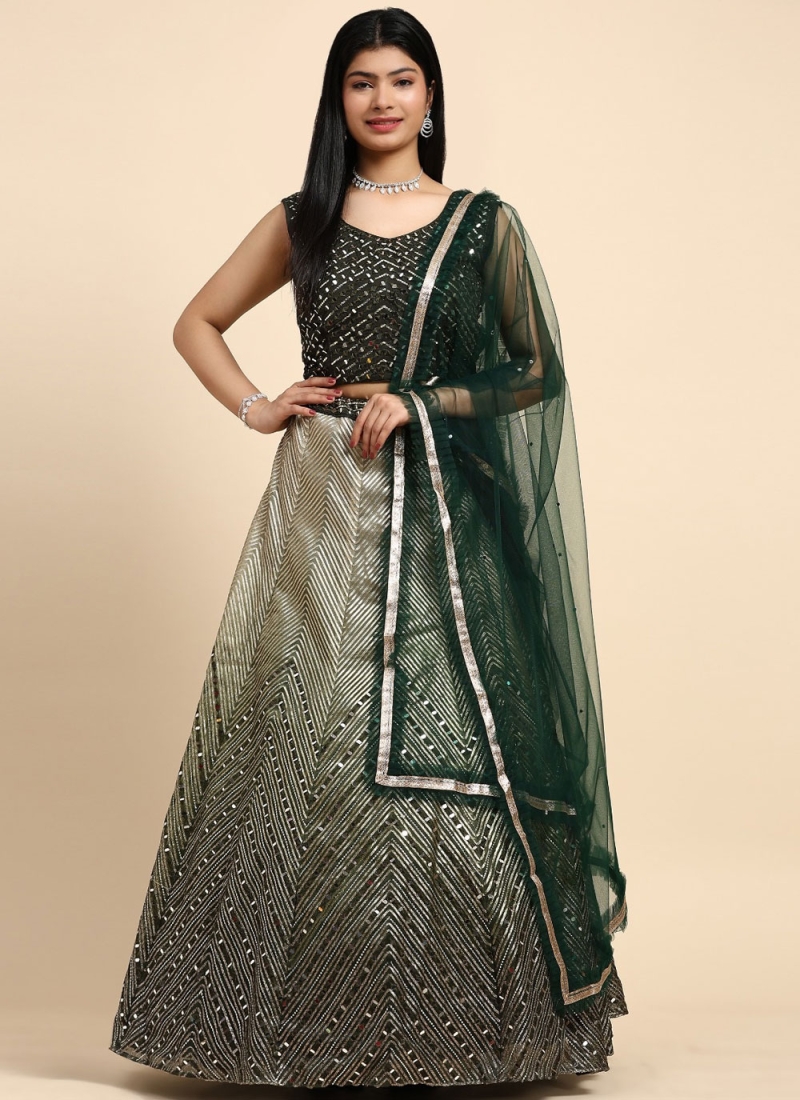 Mirror Organza Readymade Lehenga Choli in Green