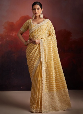 Mod Stone Organza Yellow Trendy Saree