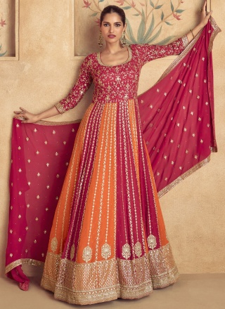 Mod Stone Work Georgette Orange and Red Floor Length Gown