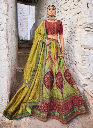 Modern Green Embroidered Banarasi Silk Trendy Lehe