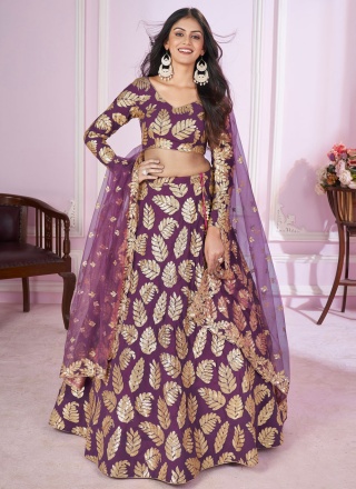 Modest Georgette Embroidered Purple Lehenga Choli