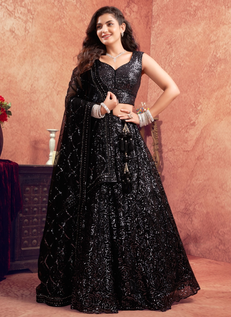 Modest Net Sequins Black Designer Lehenga Choli