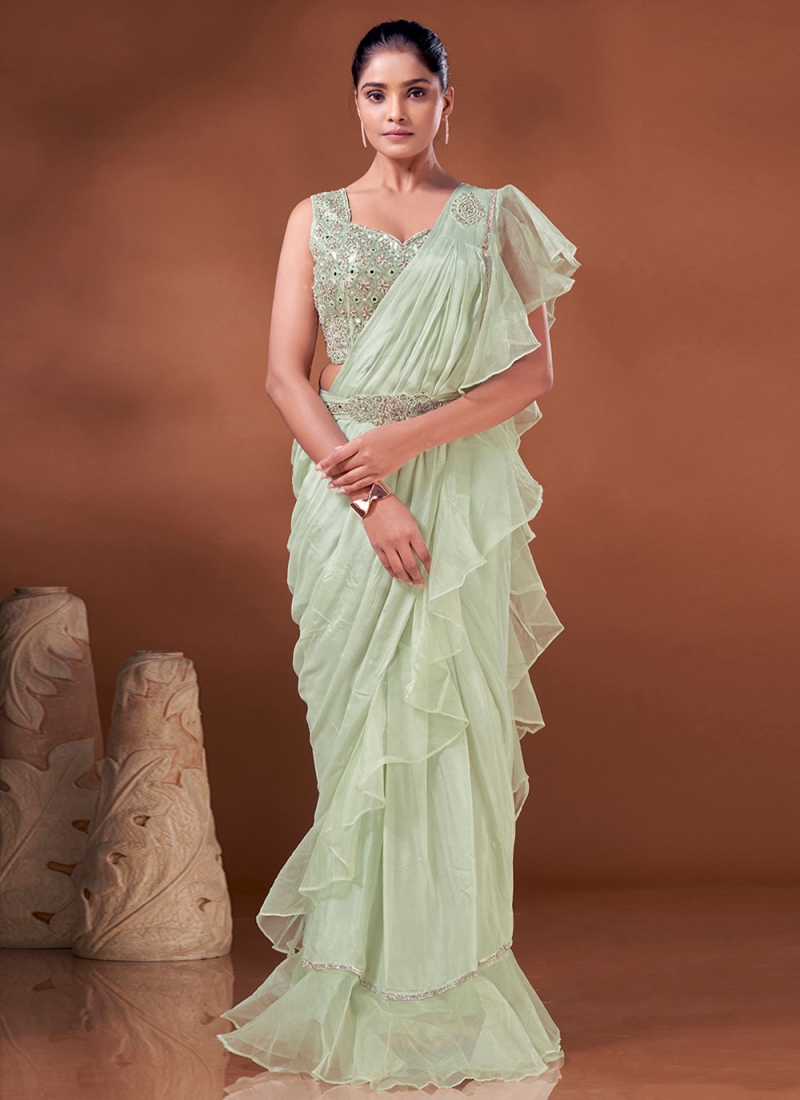 Green Georgette Ruffled Saree Set Design by Malasa at Pernia's Pop Up Shop  2024