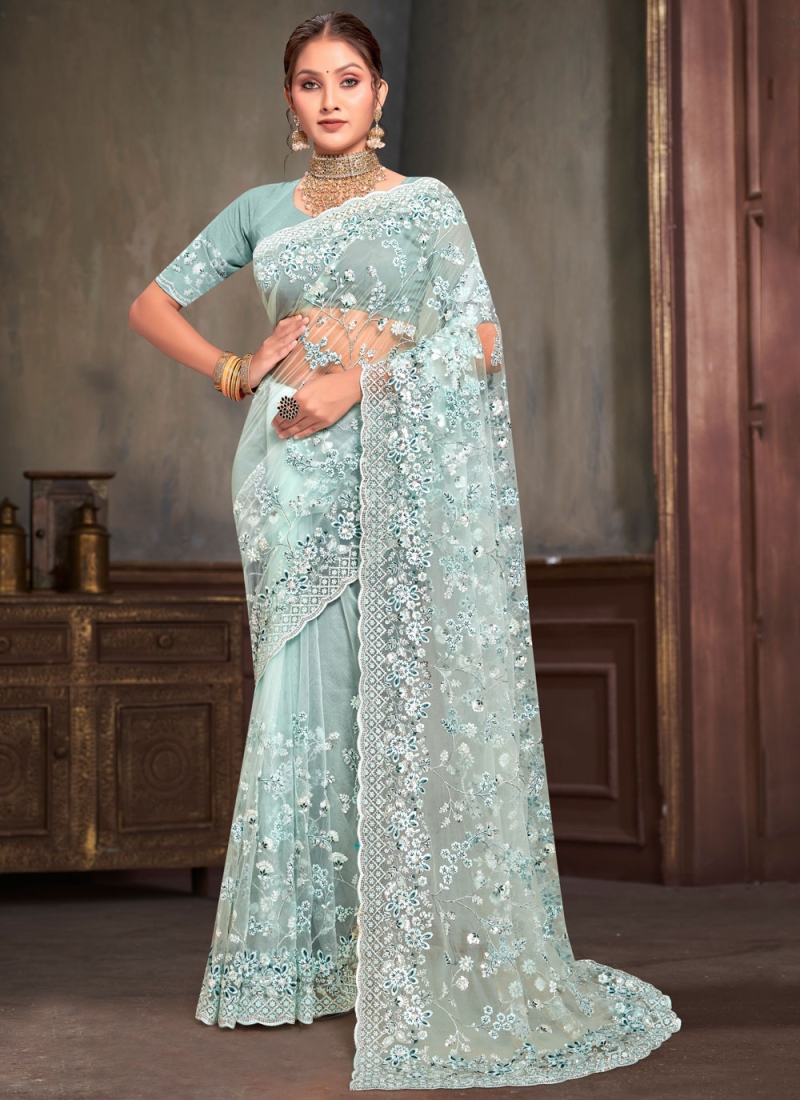 Modish Net Aqua Blue Resham Designer Saree