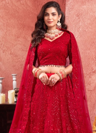 Monumental Net Sequins Red Readymade Lehenga Choli