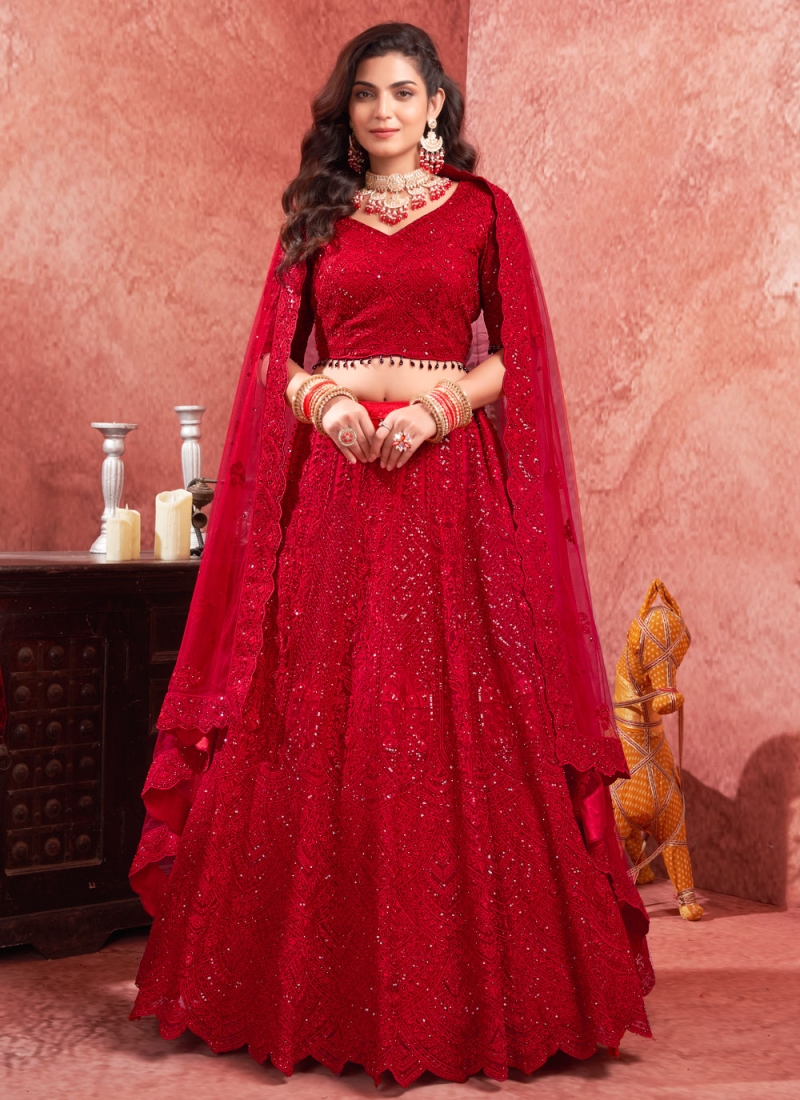 Monumental Net Sequins Red Readymade Lehenga Choli