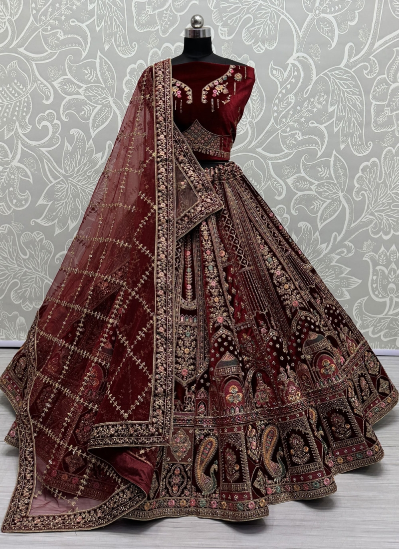 Monumental Velvet Maroon Zari Trendy Lehenga Choli