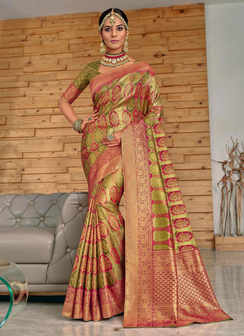 multi colour mehndi banarasi silk trendy saree 27004