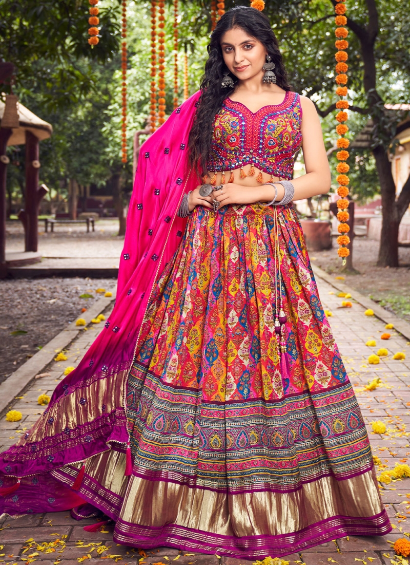 Buy Multi Colored Crush Satin Silk Fabric Festive Wear Lehenga Choli Online  - LEHV3035 | Appelle Fashion
