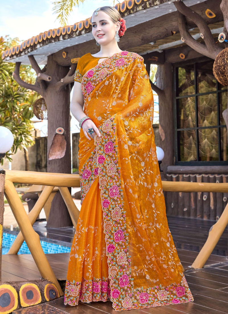 Mustard Resham Jimmy Chu Designer Saree