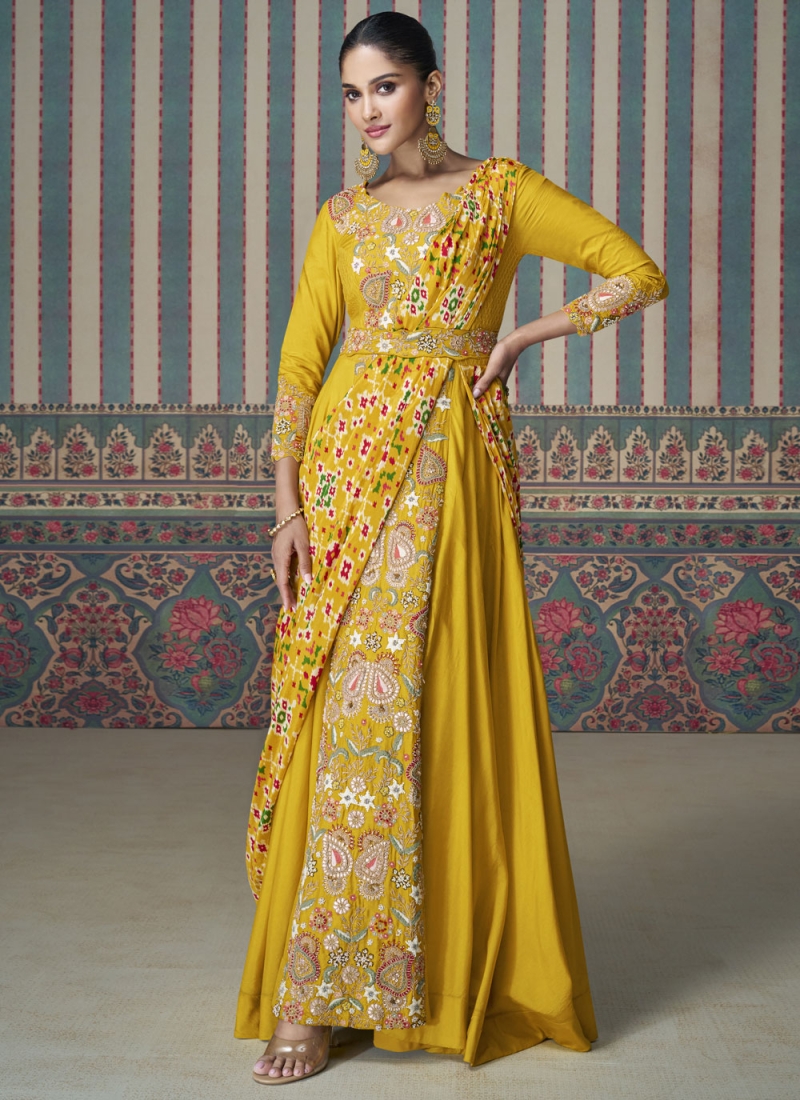 Mustard Silk Print Trendy Gown