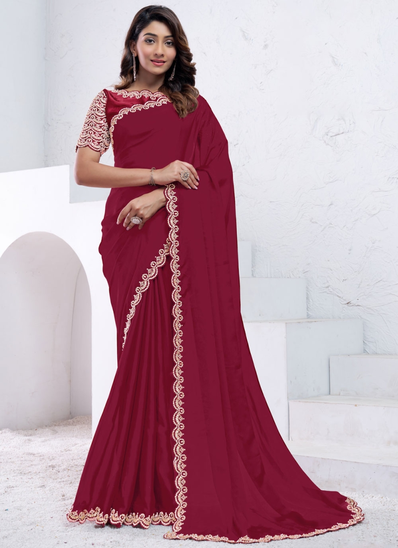 Mystic Maroon and Rani Thread Crepe Silk Traditional Saree