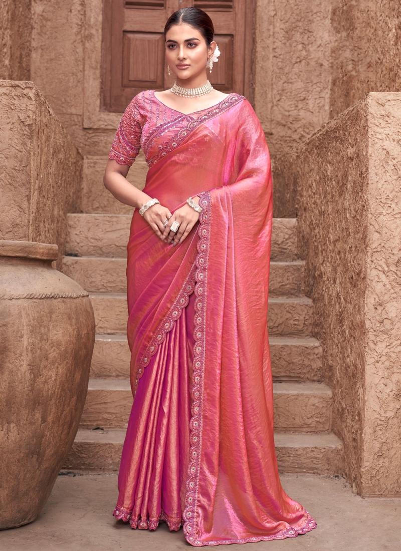 Mystical Embroidered Pink Satin Silk Designer Bollywood Saree