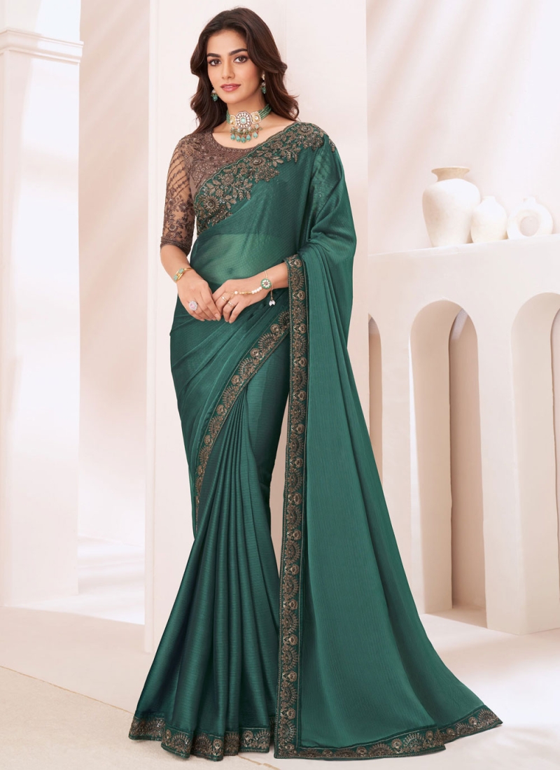 Mystical Green Border Georgette Trendy Saree