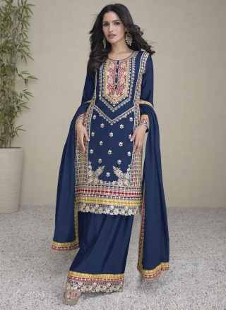 Navy Blue Chinon Fancy Designer Salwar Kameez