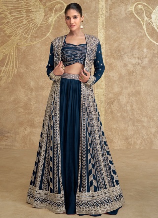 Navy Blue Chinon Reception Readymade Lehenga Choli