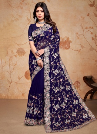 Navy Blue Embroidered Georgette Trendy Saree