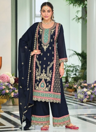 Navy Blue Embroidered Party Readymade Salwar Kameez