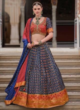 Navy Blue Foil Print Silk Readymade Lehenga Choli