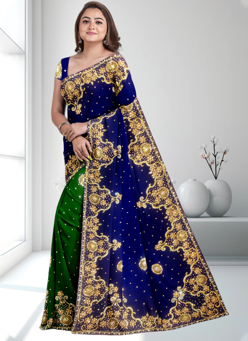 Navy Blue Georgette Handwork Classic Saree