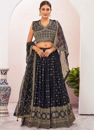 Navy Blue pure-dola Embroidered Readymade Lehenga Choli