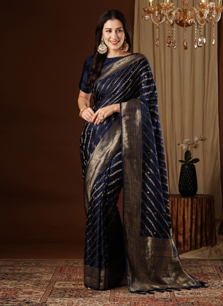 Navy Blue Satin Silk Designer Saree