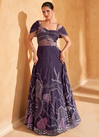 Navy Blue Sequins Readymade Gown