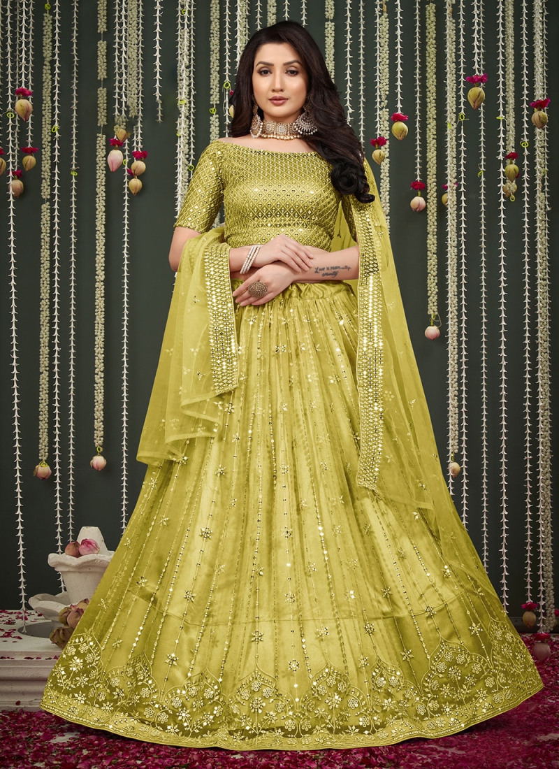 Buy Designer Sarees, Salwar Kameez, Kurtis & Tunic and Lehenga Choli.Fair  Yellow And Green Lehenga Saree