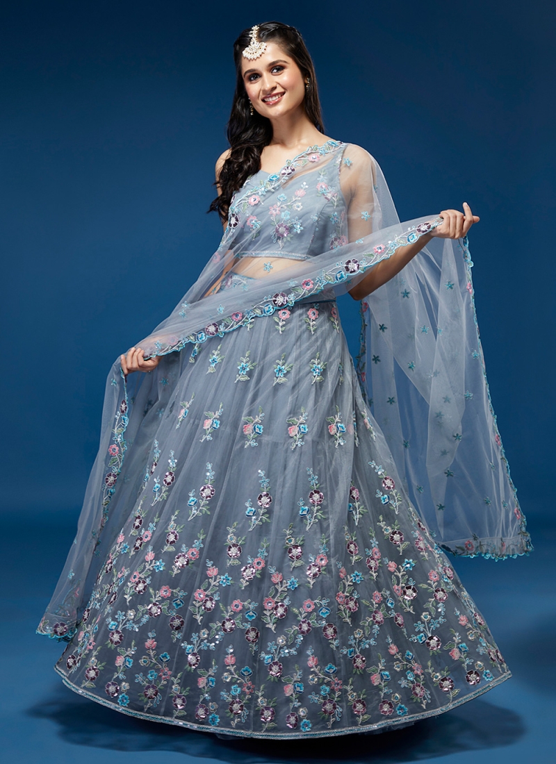 Party Wear Embroidery Sky Blue Net Embroidered Lehenga Choli, Machine Wash  at Rs 1300 in New Delhi