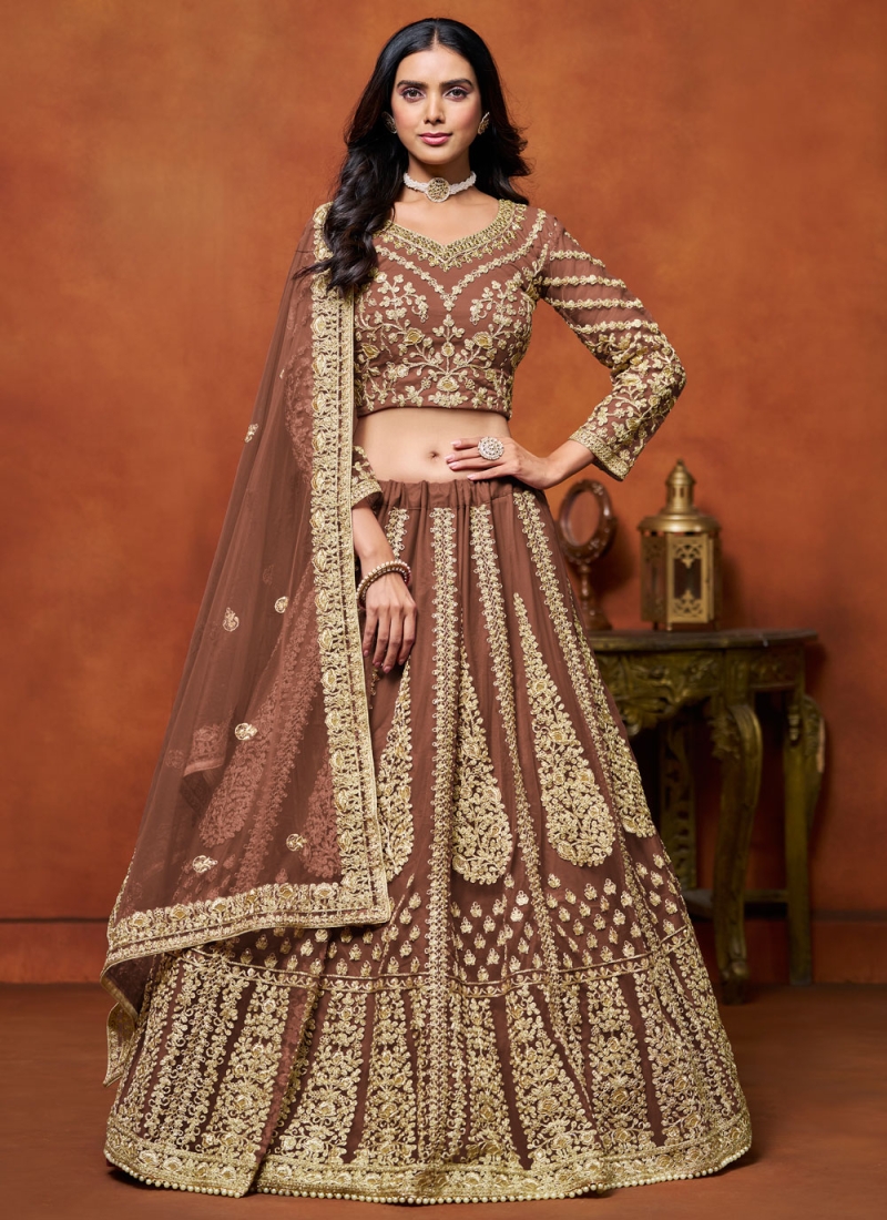 Net Brown Embroidered Trendy Lehenga Choli