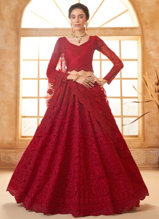 Net Designer Lehenga Choli in Red