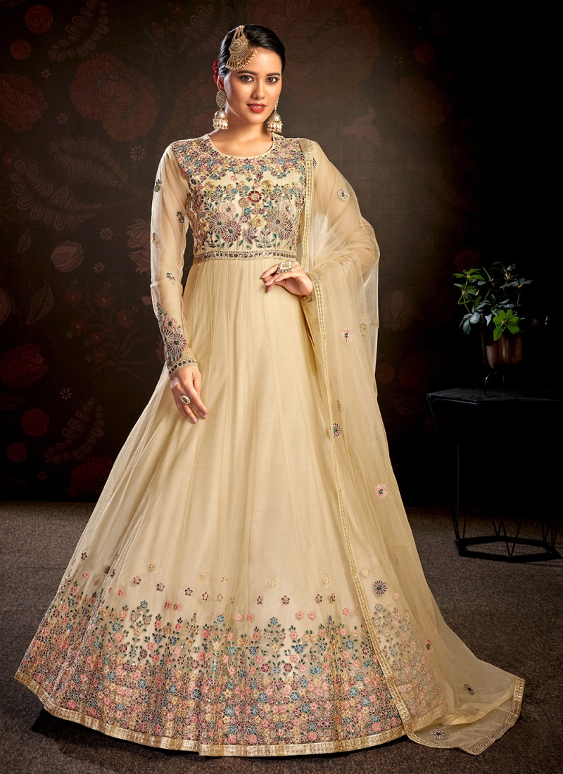 Net Embroidered Beige Anarkali Salwar Suit