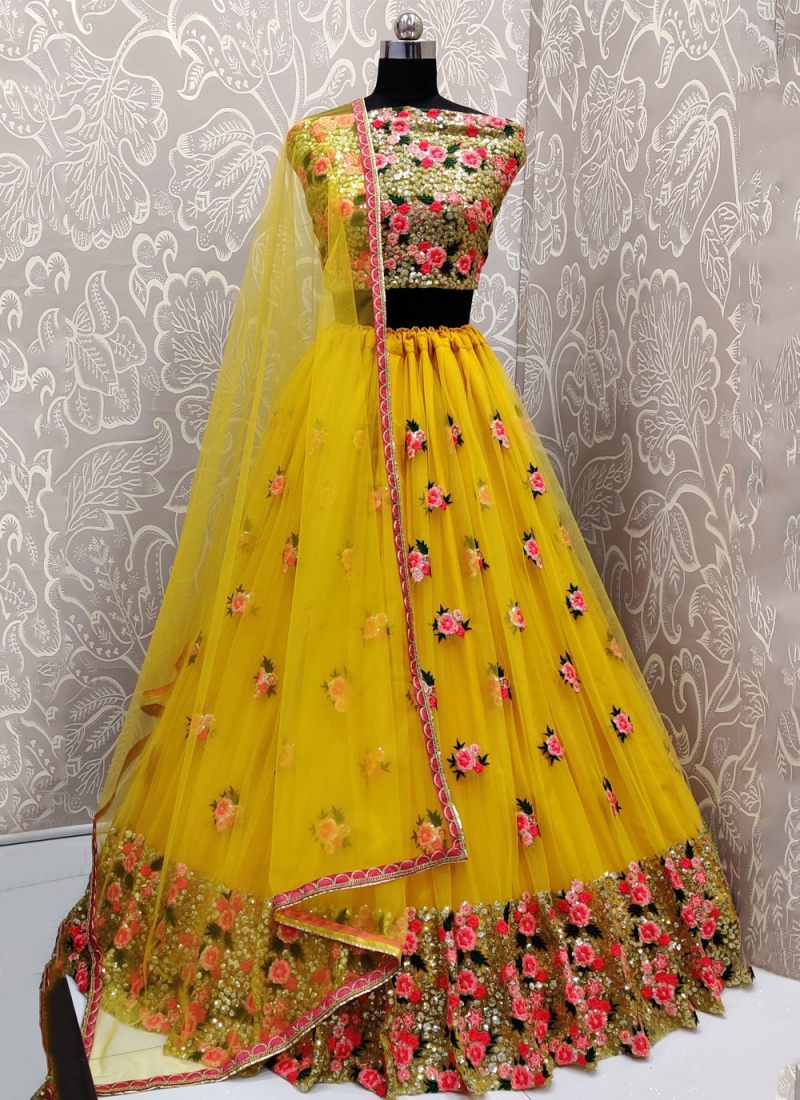 Net Embroidered Lehenga Choli in Mustard