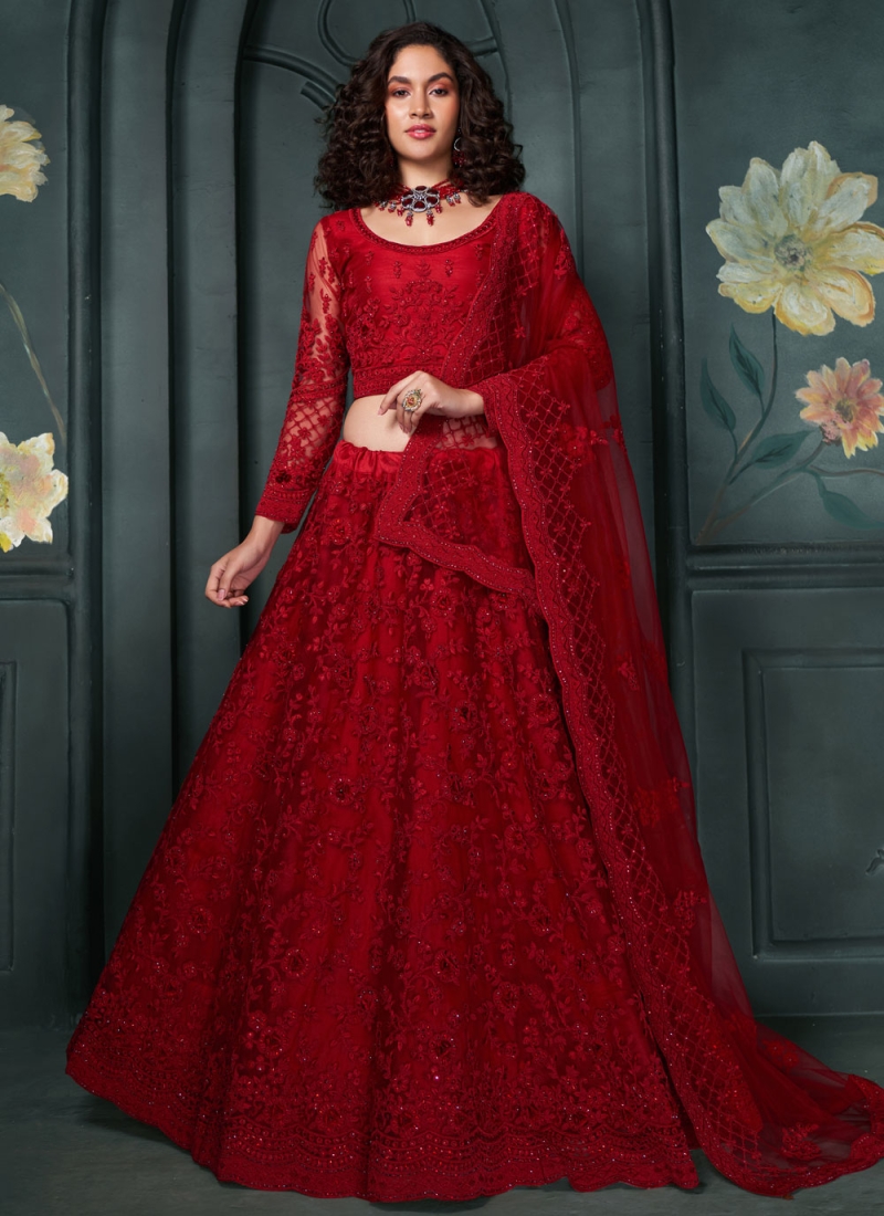 Net Embroidered Red Designer Lehenga Choli