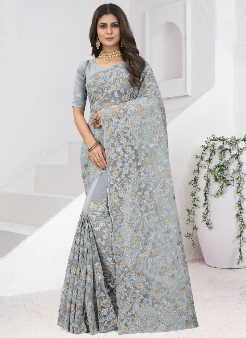 Net Embroidered Traditional Saree in Grey