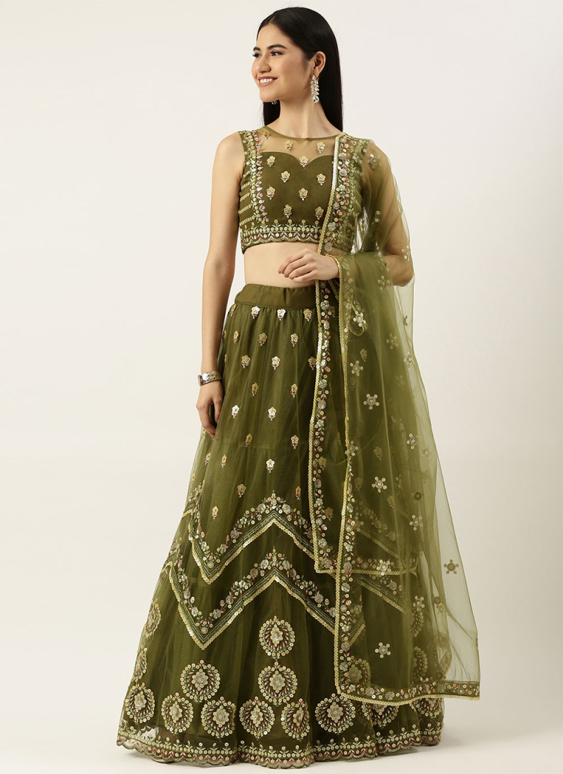 Olive Green Sequins Embroidered Art Silk Lehenga Choli