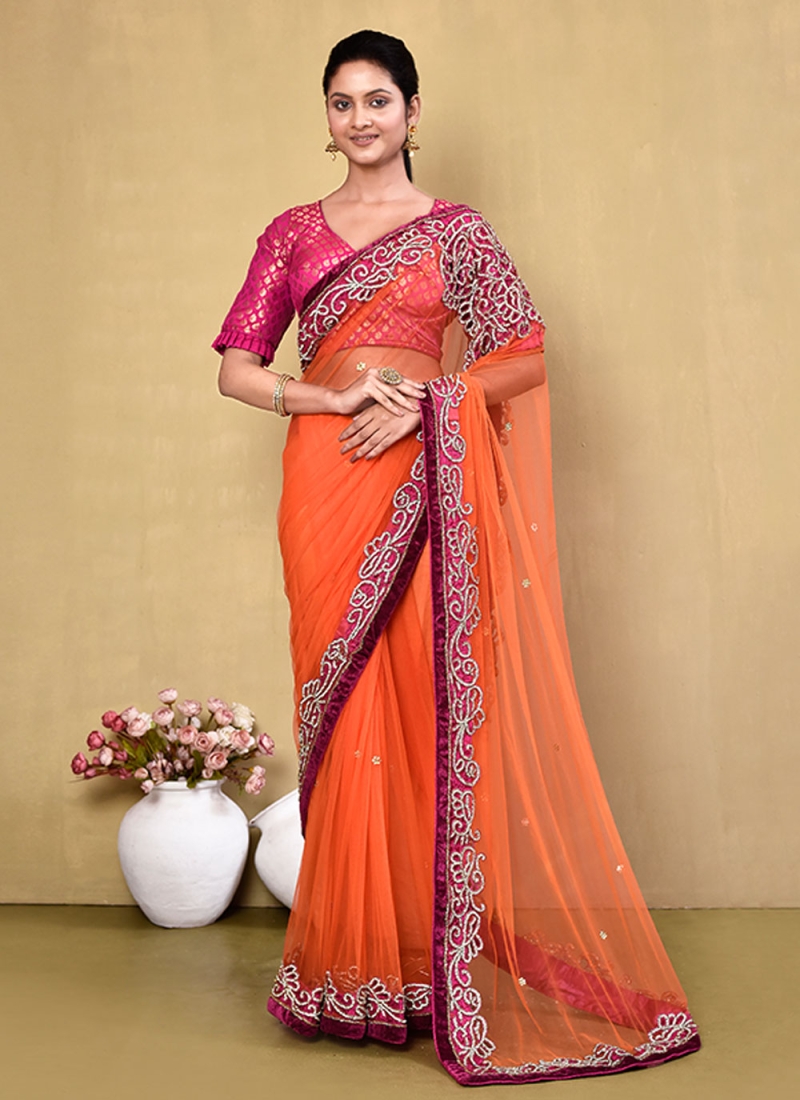 Net Handwork Orange Saree