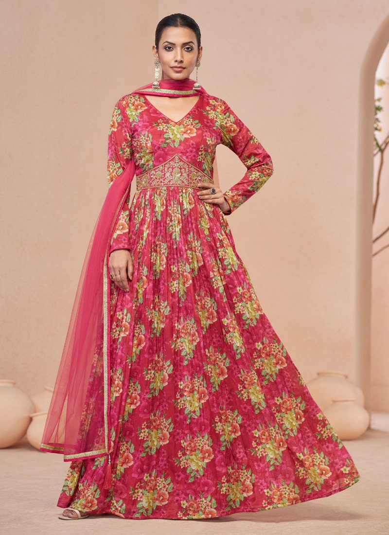 Net Pink Handwork Readymade Gown