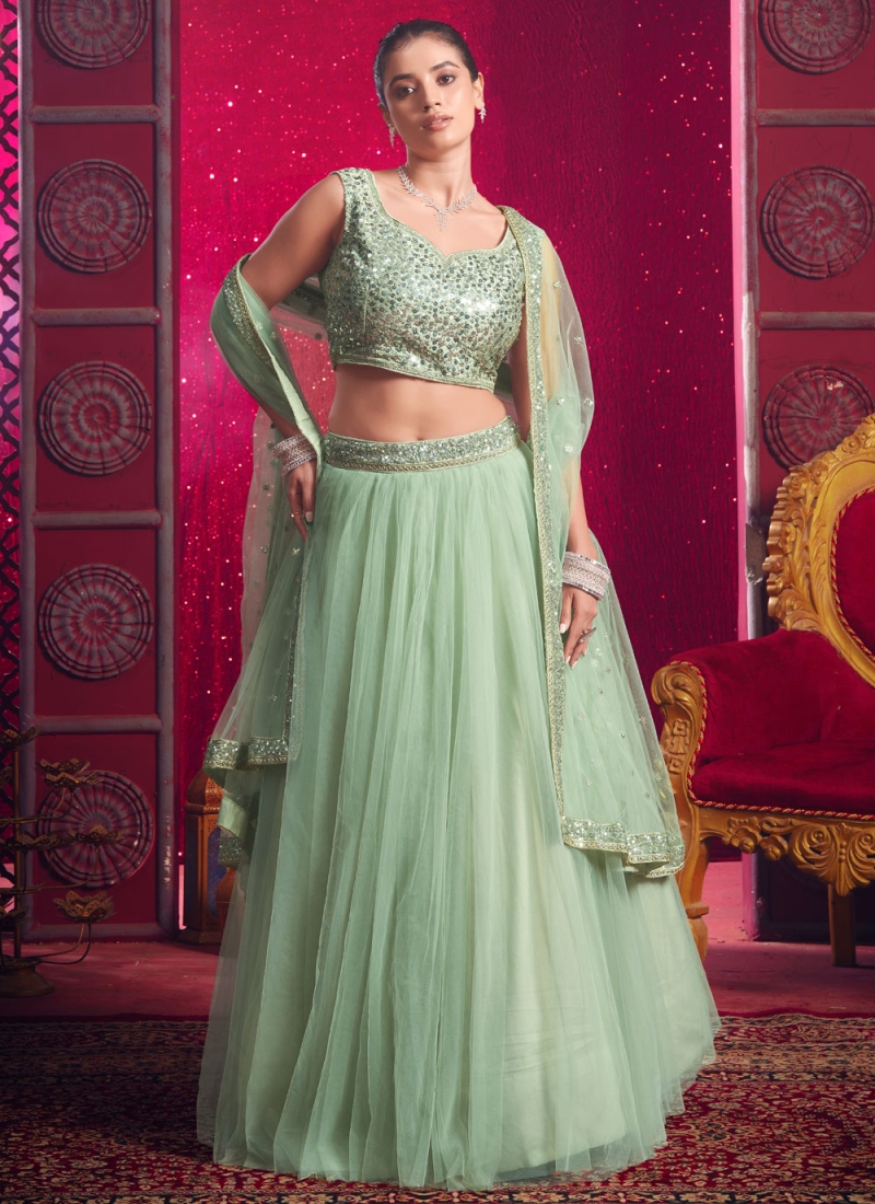 Net Plain Readymade Lehenga Choli in Aqua Blue