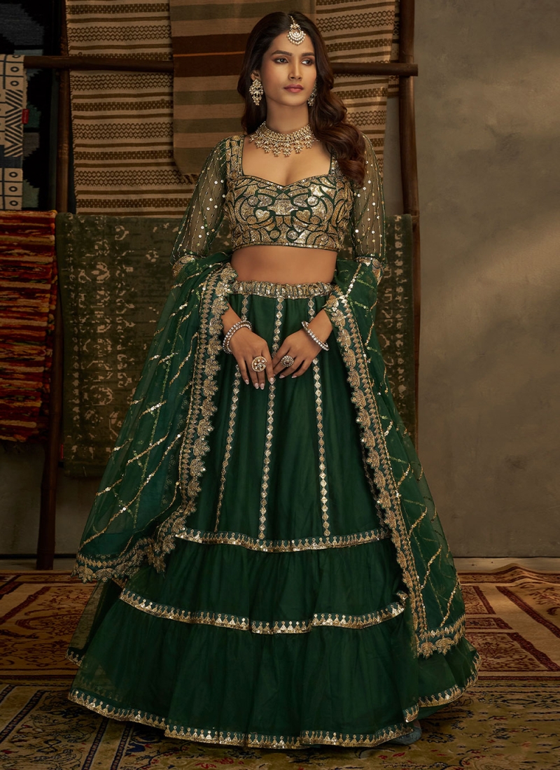 Net Georgette work and emboidered Lehenga in Peach and Green  |lovelyweddingmall.com |