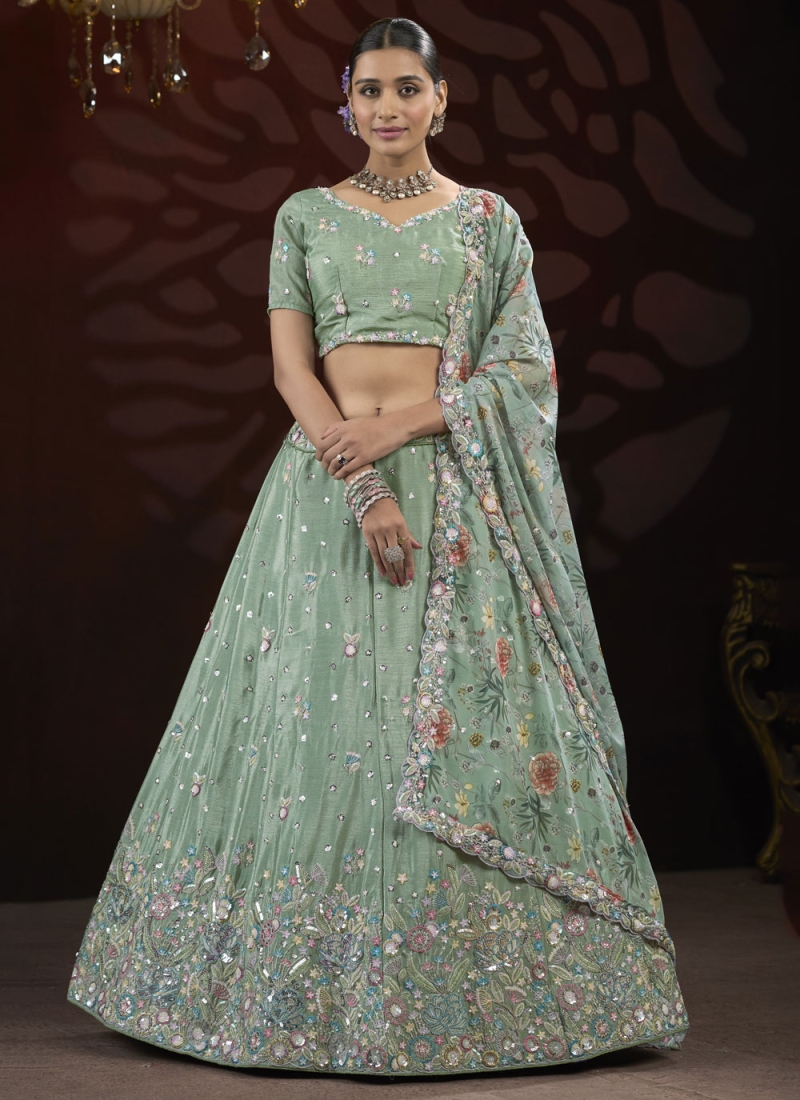 Net Trendy Lehenga Choli in Sea Green