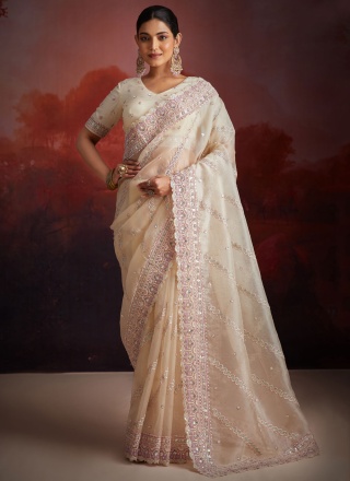 Net White Stone Designer Saree