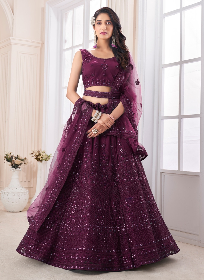 Embroidered Net Lehenga in Wine | Party wear lehenga