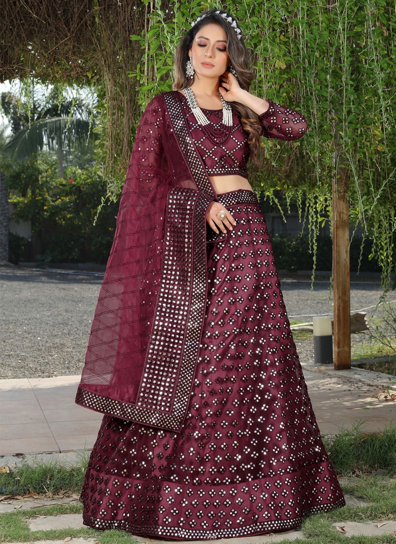 Wine Dazzling Faux Blooming Lehenga Choli with Sequins &