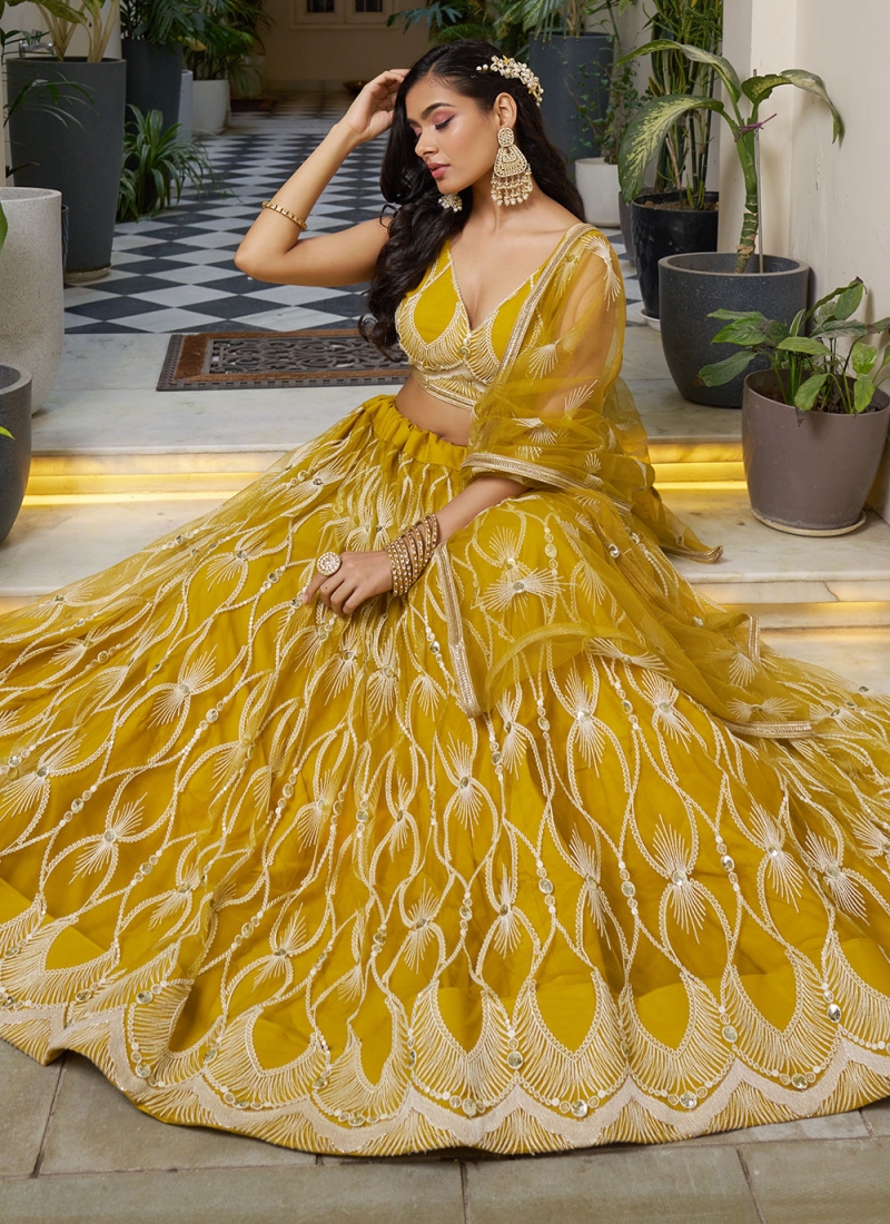 Net Yellow Embroidered Trendy Lehenga Choli