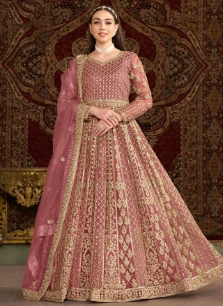 Net Zari Trendy Gown in Pink and Rust