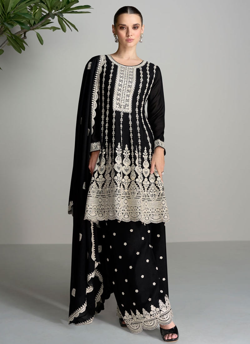 Observable Black Embroidered Silk Designer Salwar Kameez