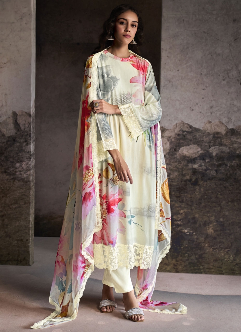 Off White Digital Print Muslin Salwar Kameez