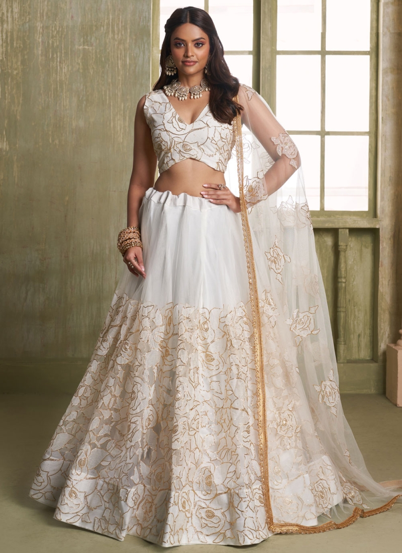 Off White Net Sequins Designer A Line Lehenga Choli